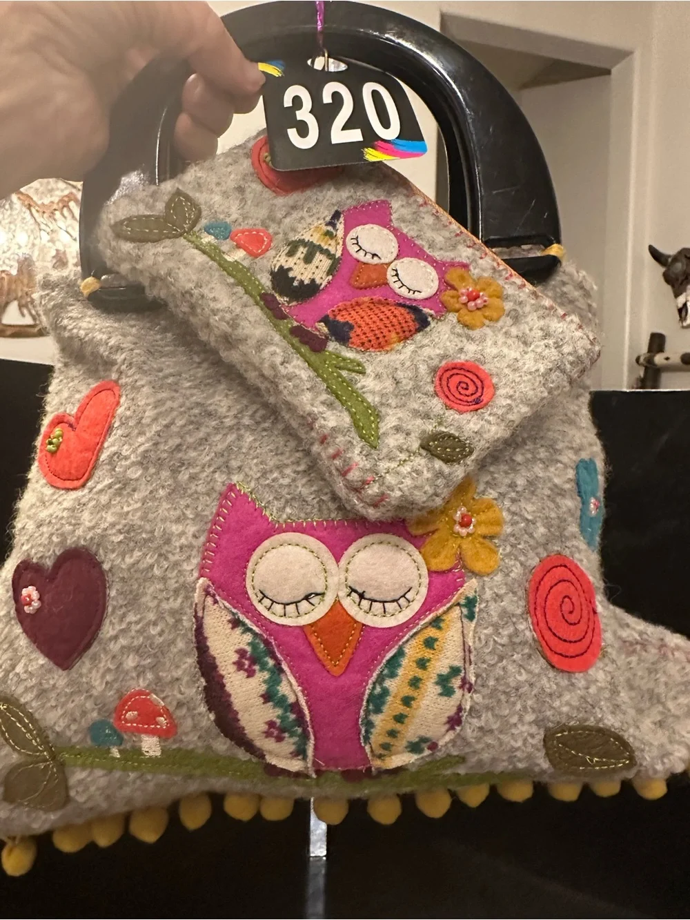 Felted Owl # 320 Applique Tote with Matching Wristlet - Yellow Accents